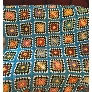Granny Square Hand Crochet Colorful Afghan Throw Blanket 70x46 Roseanne Indie